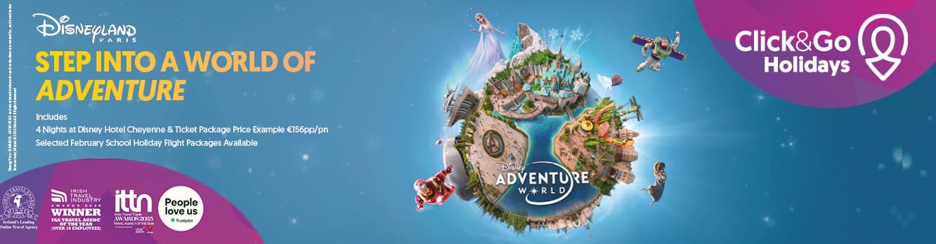 Promotional banner for Disneyland Paris holidays with Click&Go Holidays.