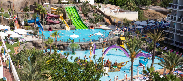 The pool and waterpark at Globales Los Patos Park in Benalmadena, Spain.