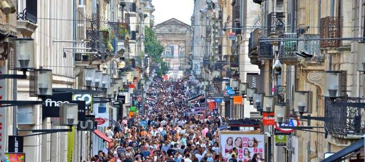 Aerial view of Rue Saint Catherine, shopping street in Bordeaux