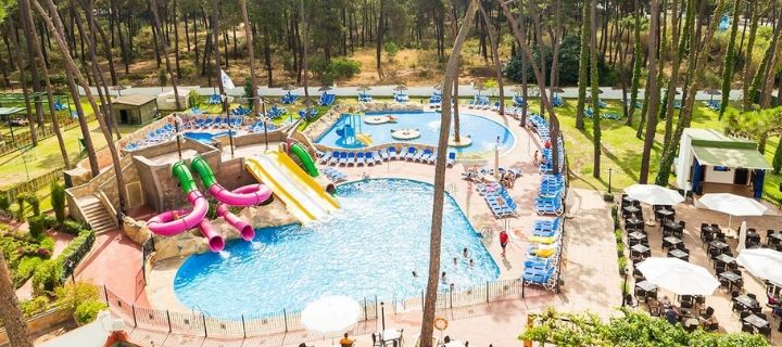 View of the pool and waterslides in the Roc Marbella Club hotel in the Costa del Sol