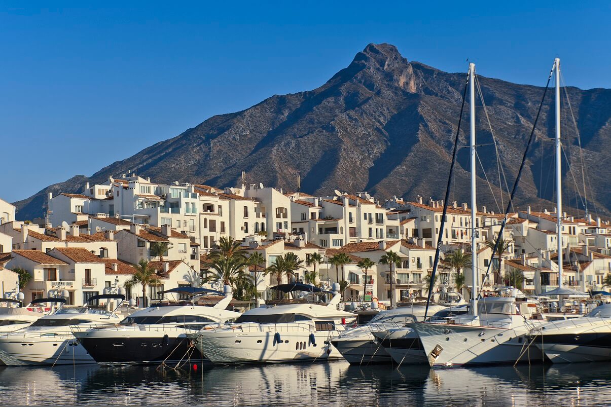 Boats docked at a marina in Marbella