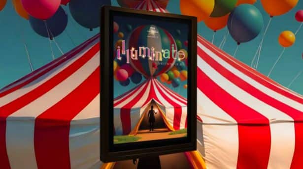 Colourful carnival tent and balloons at a cruise ship venue, with a reflective photo booth frame in the foreground.