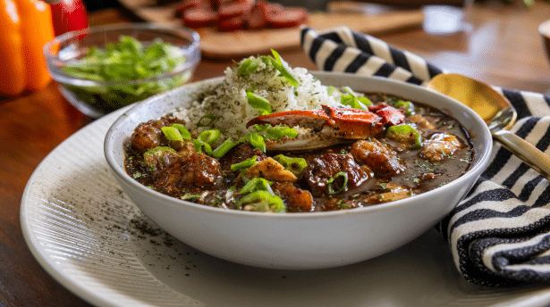 Traditional Louisiana jambalaya with rice, sausage and seafood served in a bowl with fresh herbs