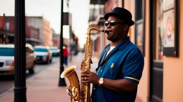 Street jazz musician playing saxophone in New Orleans showcasing live music culture and vibrant atmosphere