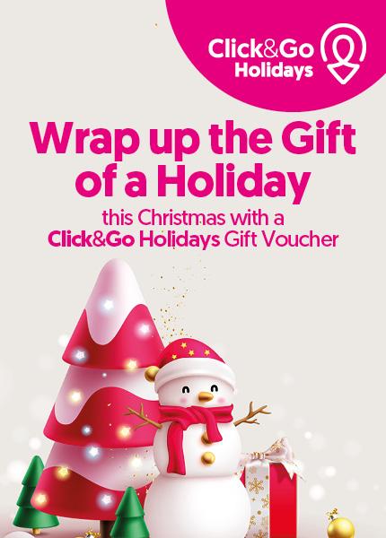 Christmas banner featuring smiling snowman wearing a red scarf and hat beside decorated christmas trees and gifts. Text reads: 