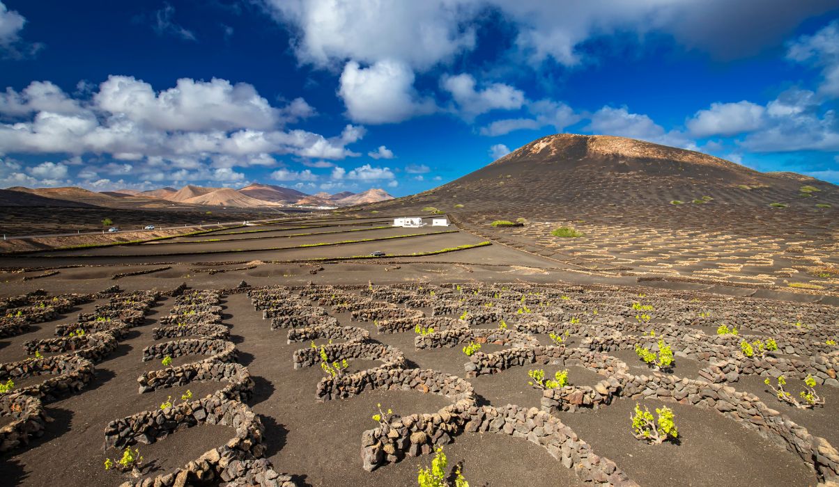 A stunning volcanic landscape in Lanzarote, featuring rugged terrain and clear blue skies.