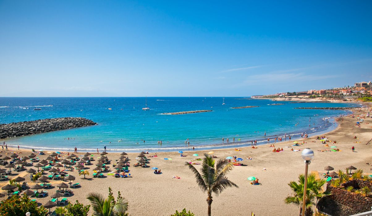 Aerial view of a stunning beach along the Tenerife Coast on a sunny day