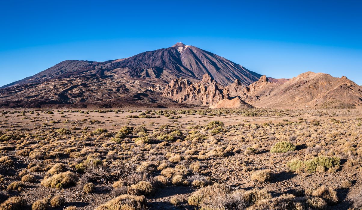 View of the High peak of Mount Tiede Volcano in Tenerife on a sunny day 