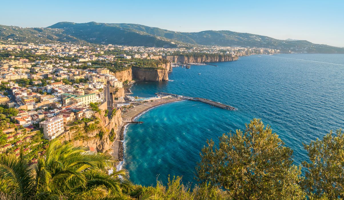Aerial view overt Sorrentos breathtaking landscape set against the ocean.