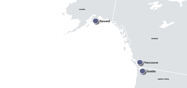 Map of cruise embarkation ports for the Alaska region