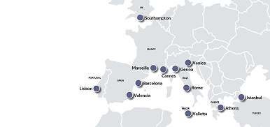 Map of cruise embarkation ports for the Mediterranean region