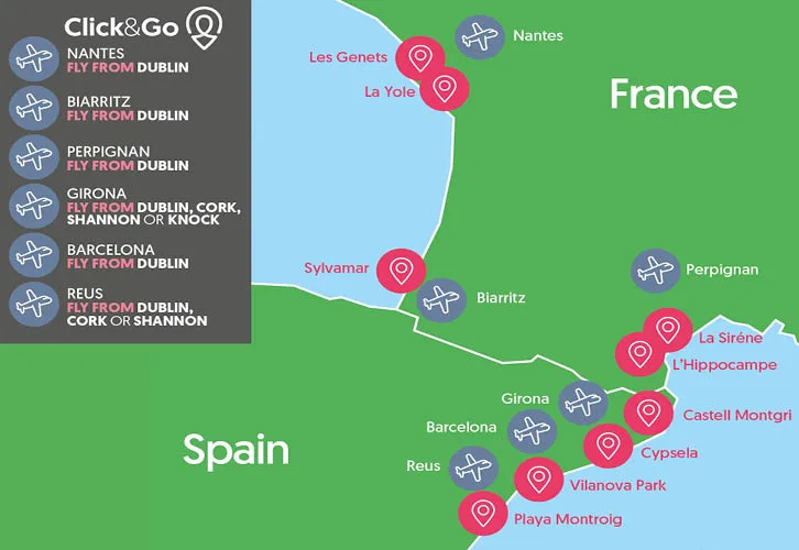 Map of Click&Go camping locations in Spain and France