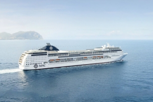 Image of the side of the MSC Lirica featuring the branding of MSC featuring the calm seas and clear skies