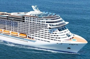 close up of the front of MSC Meraviglia cruise ship featuring the calm waters